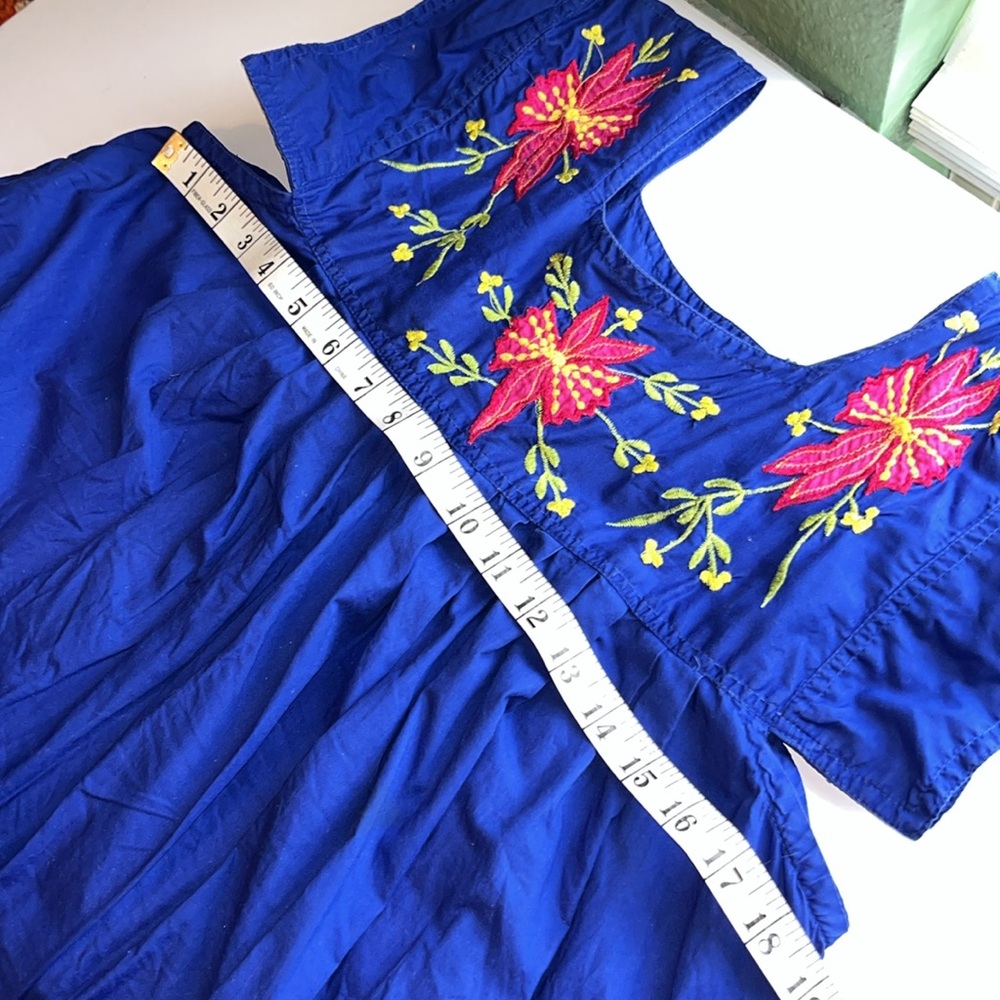Vintage Blue Floral Embroidered Dress Mumu Hawaiian Tropical Flowers Hibiscus - Picture 8 of 8